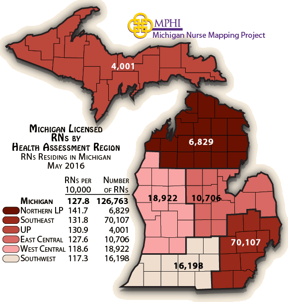 map depicts Michigan licensed registered nurses by health assessment regions in 2016